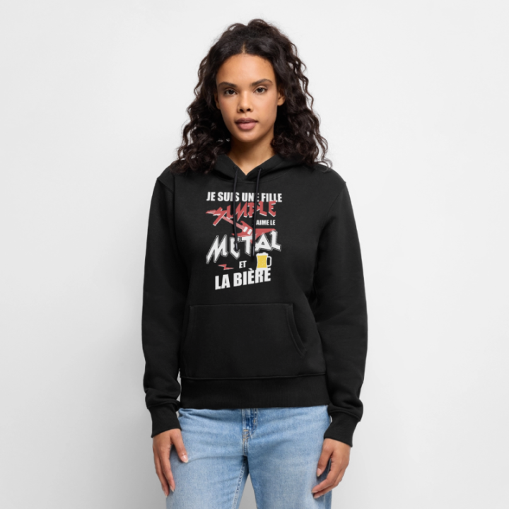 Sweat-shirt à capuche premium femme - Une fille simple: Métal et bière - noir - front