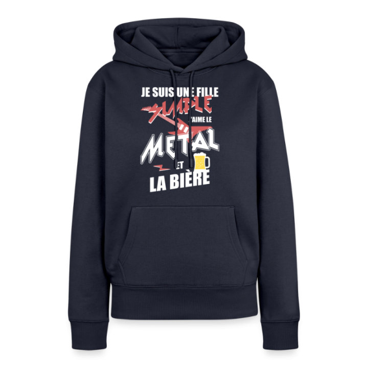 Sweat-shirt à capuche premium femme - Une fille simple: Métal et bière - bleu marine - front