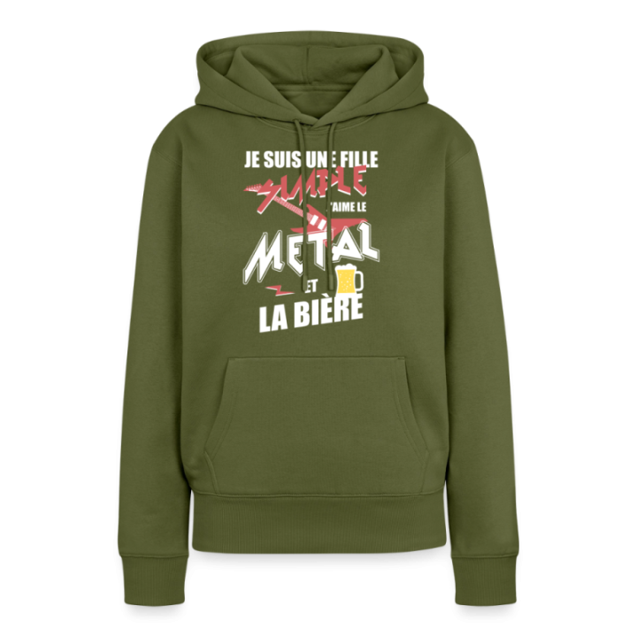 Sweat-shirt à capuche premium femme - Une fille simple: Métal et bière - kaki - front