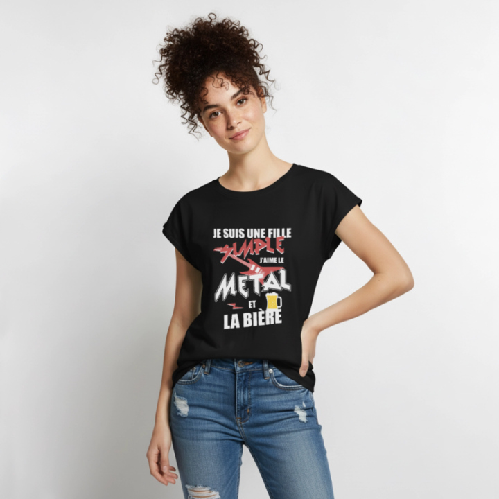 T-shirt à manches retroussées femme - Une fille simple: Métal et bière - noir - front