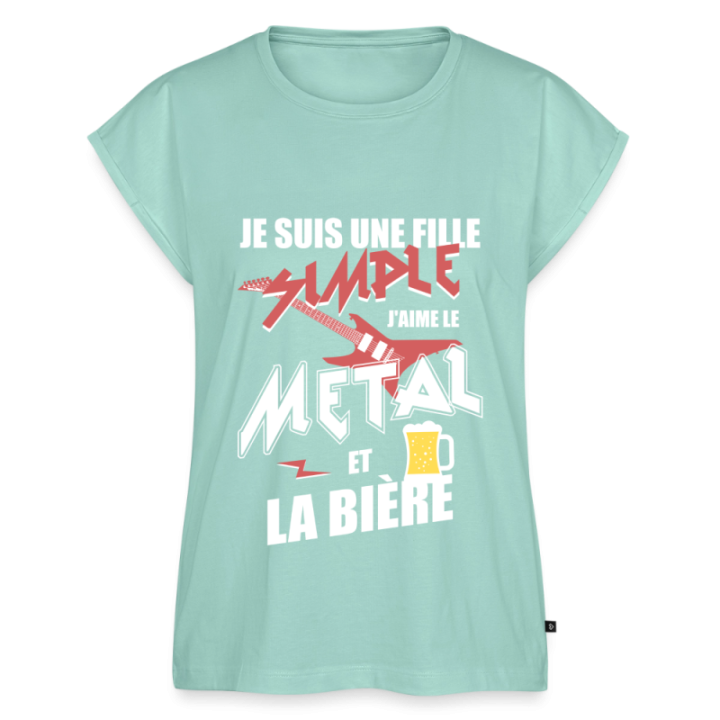 T-shirt à manches retroussées femme - Une fille simple: Métal et bière - menthe  - front