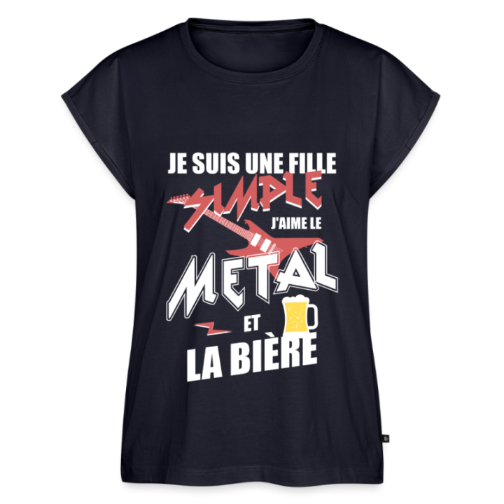 T-shirt à manches retroussées femme - Une fille simple: Métal et bière - bleu marine - front
