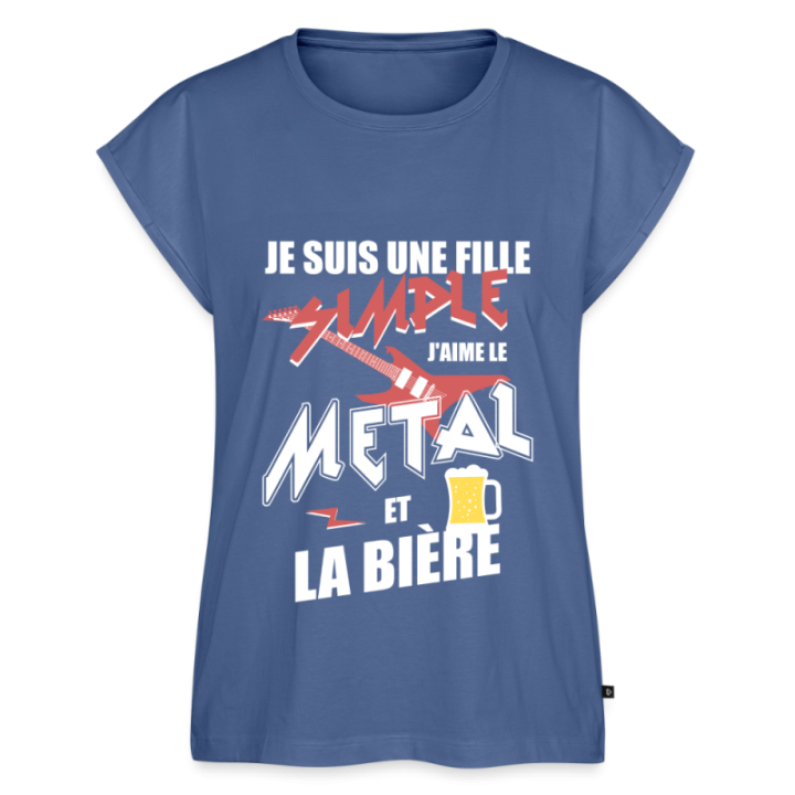 T-shirt à manches retroussées femme - Une fille simple: Métal et bière - bleu pigeon - front