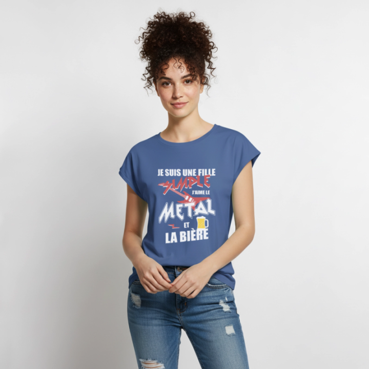 T-shirt à manches retroussées femme - Une fille simple: Métal et bière - bleu pigeon - front