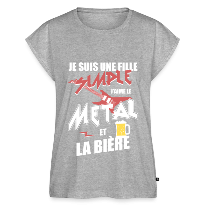 T-shirt à manches retroussées femme - Une fille simple: Métal et bière - gris chiné - front