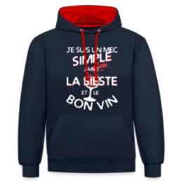 Sweat-shirt à capuche contrasté unisexe - Un mec simple: Sieste et apéro - bleu marine/rouge - front