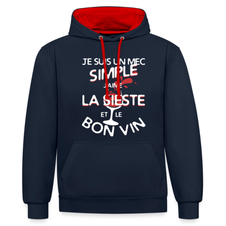 Sweat-shirt à capuche contrasté unisexe - Un mec simple: Sieste et apéro - bleu marine/rouge - front