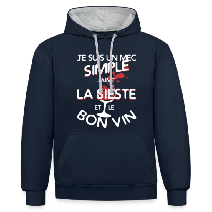 Sweat-shirt à capuche contrasté unisexe - Un mec simple: Sieste et apéro - bleu marine/gris chiné - front