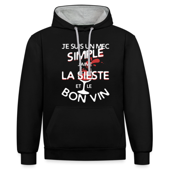 Sweat-shirt à capuche contrasté unisexe - Un mec simple: Sieste et apéro - noir/gris chiné - front
