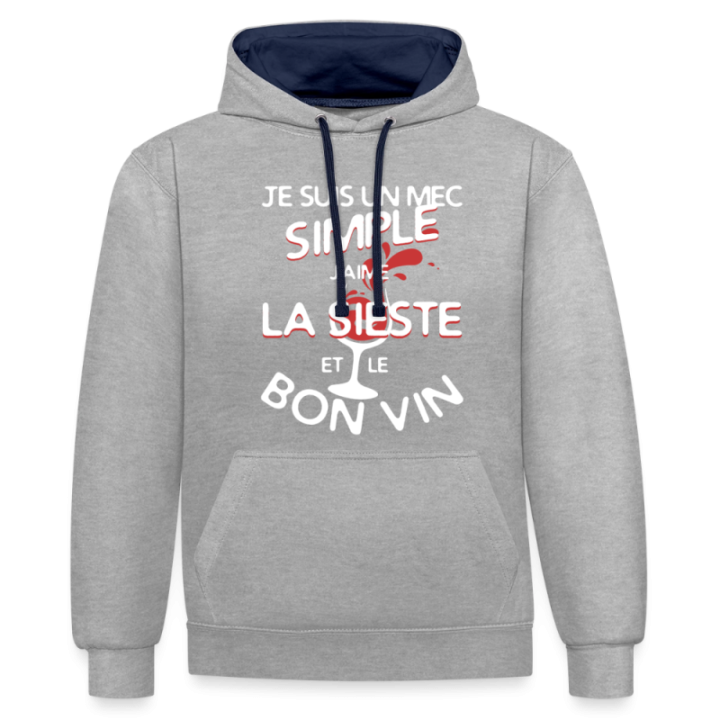 Sweat-shirt à capuche contrasté unisexe - Un mec simple: Sieste et apéro - gris chiné/bleu marine - front