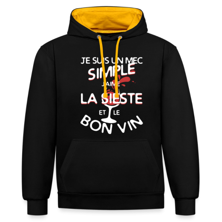 Sweat-shirt à capuche contrasté unisexe - Un mec simple: Sieste et apéro - noir/or - front