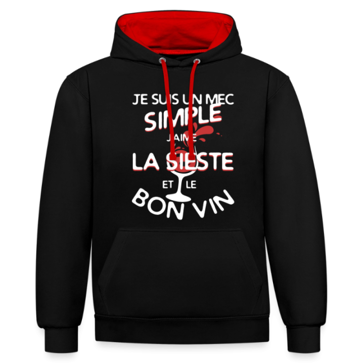 Sweat-shirt à capuche contrasté unisexe - Un mec simple: Sieste et apéro - noir/rouge - front