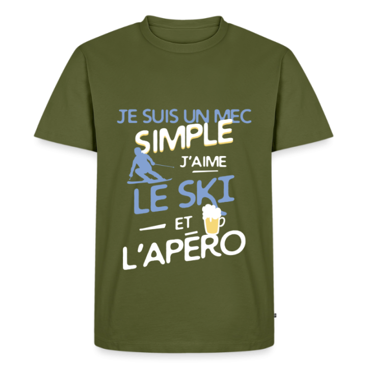 T-shirt premium homme - Un mec simple: Ski et apéro - kaki - front