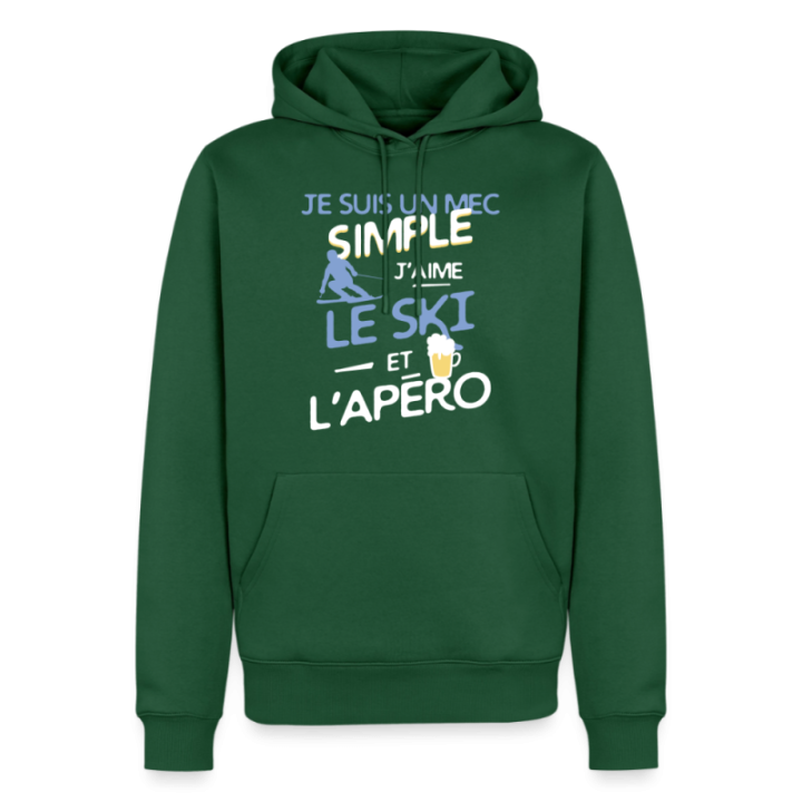 Sweat-shirt à capuche premium homme - Un mec simple: Ski et apéro - vert bouteille - front