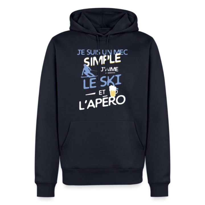 Sweat-shirt à capuche premium homme - Un mec simple: Ski et apéro - bleu marine - front