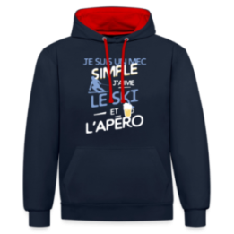 Sweat-shirt à capuche contrasté unisexe - Un mec simple: Ski et apéro - bleu marine/rouge - front