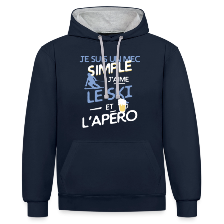 Sweat-shirt à capuche contrasté unisexe - Un mec simple: Ski et apéro - bleu marine/gris chiné - front