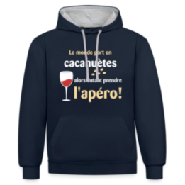 Sweat-shirt à capuche contrasté unisexe - Le monde part en cacahuètes - bleu marine/gris chiné - front