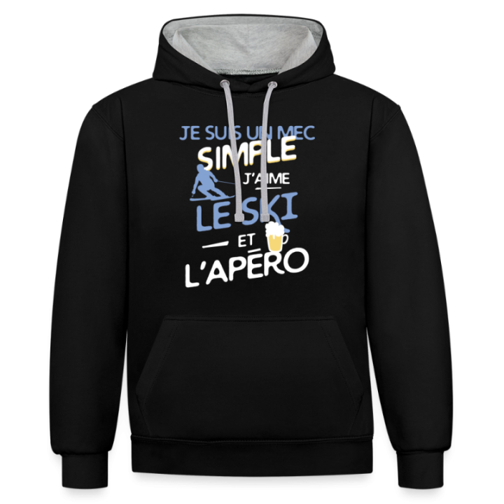 Sweat-shirt à capuche contrasté unisexe - Un mec simple: Ski et apéro - noir/gris chiné - front