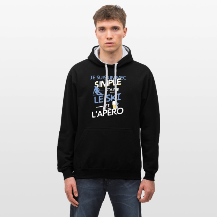 Sweat-shirt à capuche contrasté unisexe - Un mec simple: Ski et apéro - noir/gris chiné - front