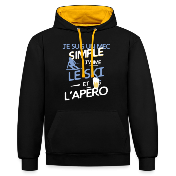Sweat-shirt à capuche contrasté unisexe - Un mec simple: Ski et apéro - noir/or - front