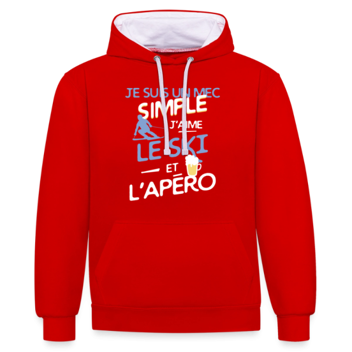 Sweat-shirt à capuche contrasté unisexe - Un mec simple: Ski et apéro - rouge/blanc - front