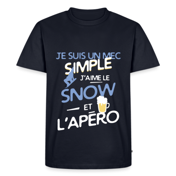 T-shirt premium homme - Un mec simple: Snowboard et apéro - bleu marine - front