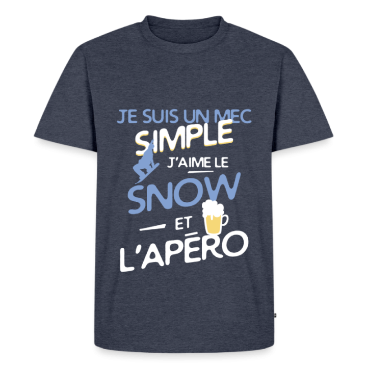 T-shirt premium homme - Un mec simple: Snowboard et apéro - bleu jeans  - front