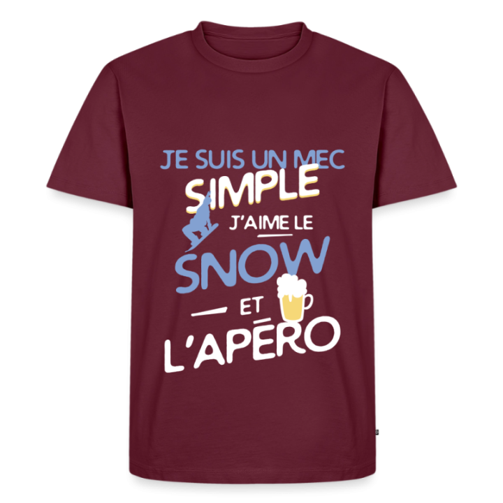 T-shirt premium homme - Un mec simple: Snowboard et apéro - bourgogne - front
