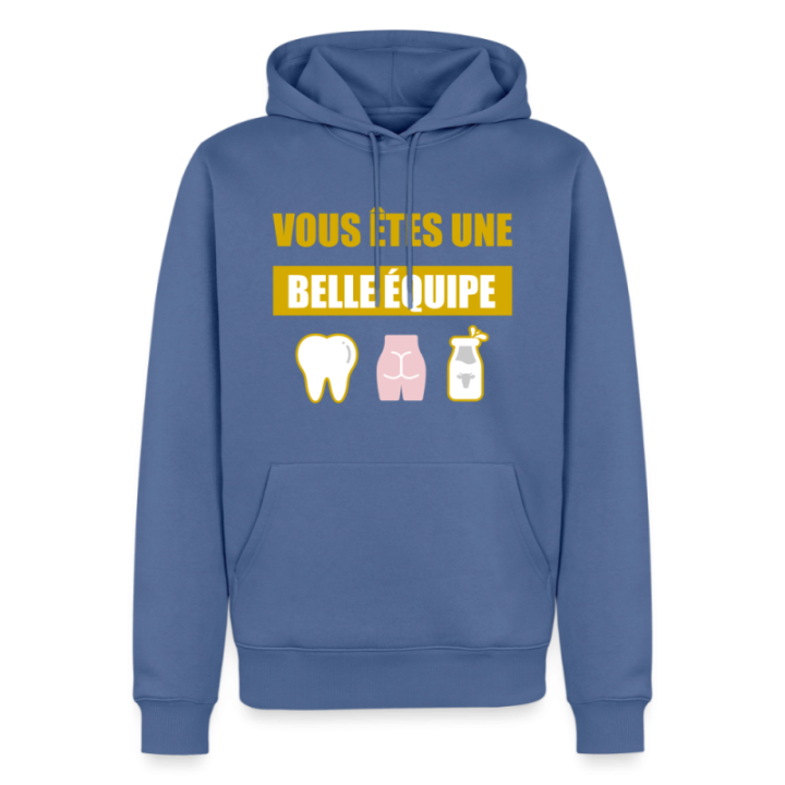 Sweat-shirt à capuche premium homme - Une belle équipe (énigme) - bleu pigeon - front