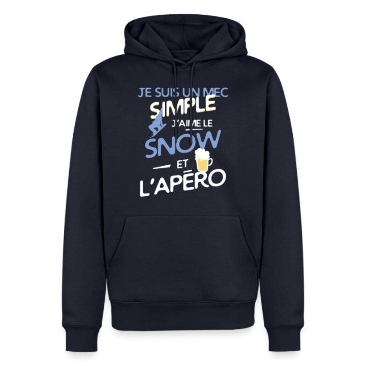 Sweat-shirt à capuche premium homme - Un mec simple: Snowboard et apéro - bleu marine - front