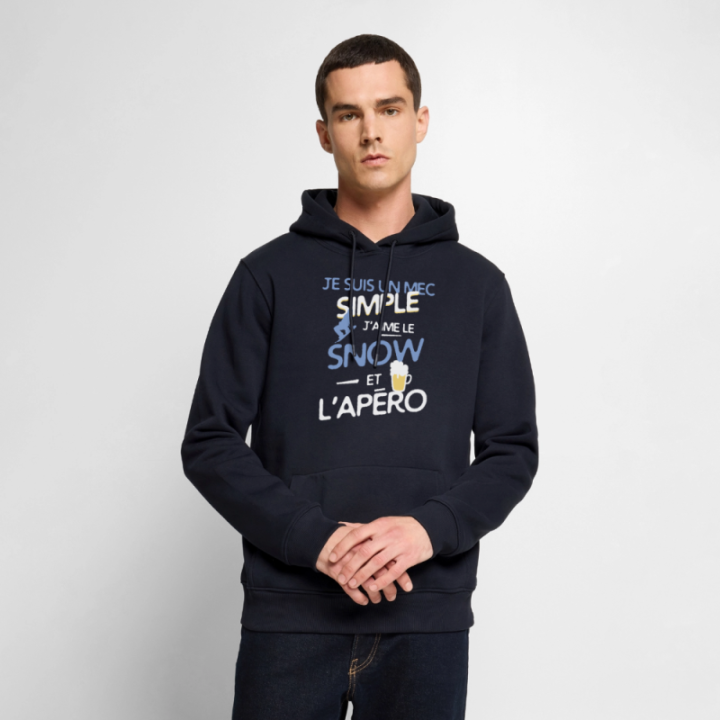 Sweat-shirt à capuche premium homme - Un mec simple: Snowboard et apéro - bleu marine - front