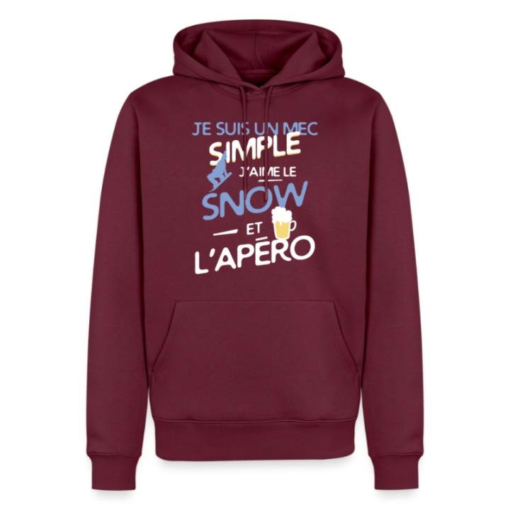 Sweat-shirt à capuche premium homme - Un mec simple: Snowboard et apéro - bourgogne - front