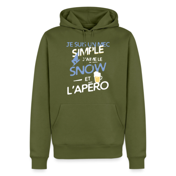 Sweat-shirt à capuche premium homme - Un mec simple: Snowboard et apéro - kaki - front