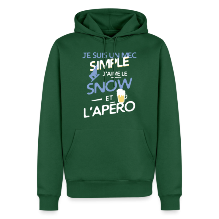 Sweat-shirt à capuche premium homme - Un mec simple: Snowboard et apéro - vert bouteille - front