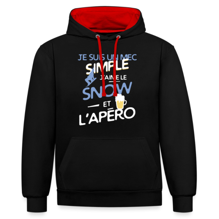 Sweat-shirt à capuche contrasté unisexe - Un mec simple: Snowboard et apéro - noir/rouge - front