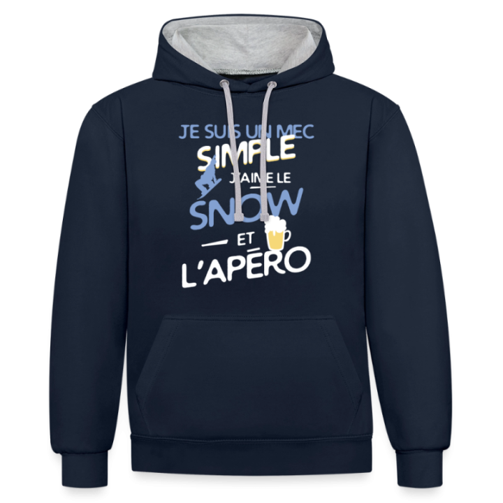 Sweat-shirt à capuche contrasté unisexe - Un mec simple: Snowboard et apéro - bleu marine/gris chiné - front