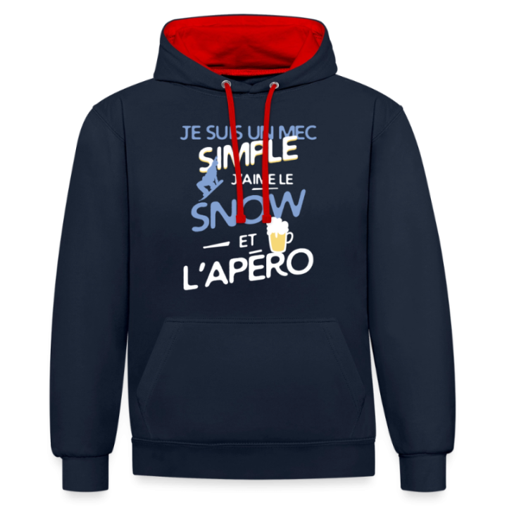 Sweat-shirt à capuche contrasté unisexe - Un mec simple: Snowboard et apéro - bleu marine/rouge - front