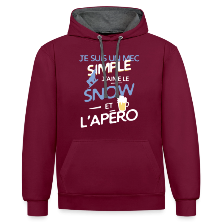 Sweat-shirt à capuche contrasté unisexe - Un mec simple: Snowboard et apéro - bordeaux/anthracite - front