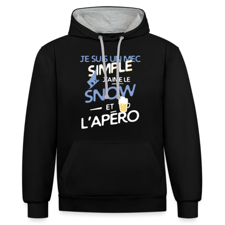 Sweat-shirt à capuche contrasté unisexe - Un mec simple: Snowboard et apéro - noir/gris chiné - front