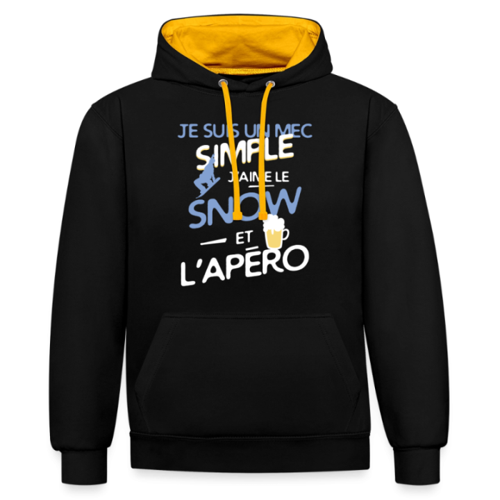 Sweat-shirt à capuche contrasté unisexe - Un mec simple: Snowboard et apéro - noir/or - front