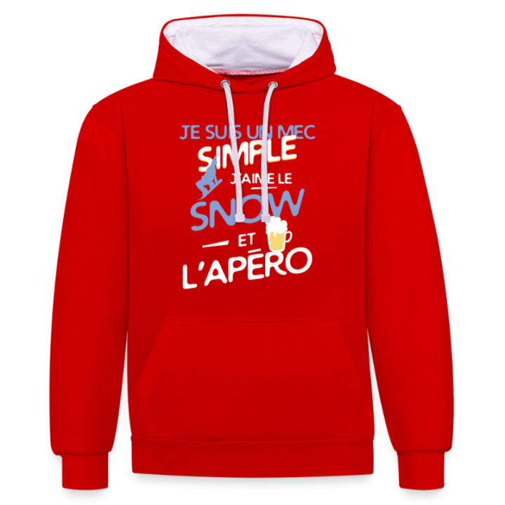 Sweat-shirt à capuche contrasté unisexe - Un mec simple: Snowboard et apéro - rouge/blanc - front