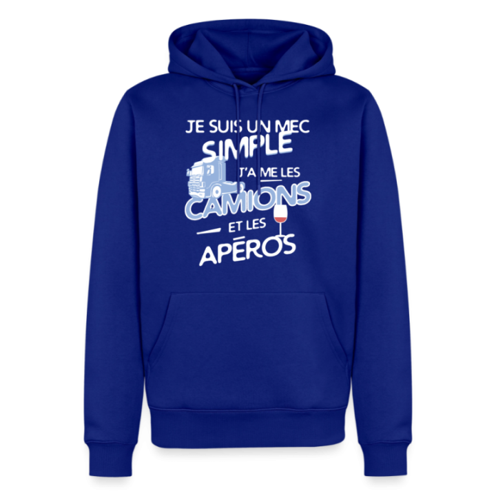Sweat-shirt à capuche premium homme - Un mec simple: Camions et apéros - bleu roi - front