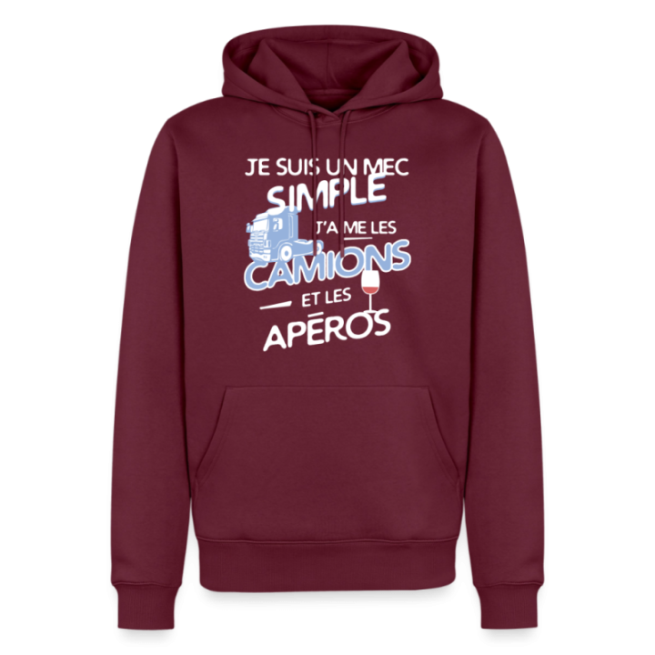 Sweat-shirt à capuche premium homme - Un mec simple: Camions et apéros - bourgogne - front