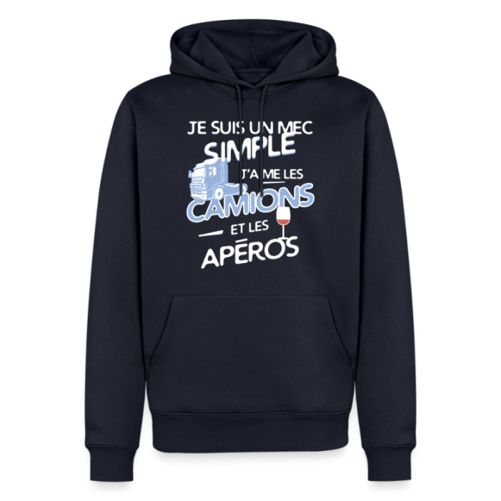 Sweat-shirt à capuche premium homme - Un mec simple: Camions et apéros - bleu marine - front