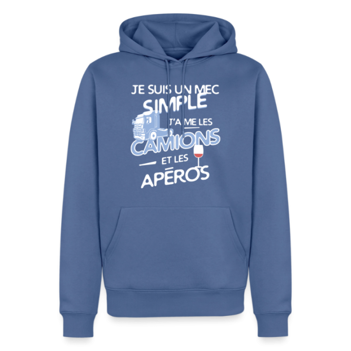 Sweat-shirt à capuche premium homme - Un mec simple: Camions et apéros - bleu pigeon - front