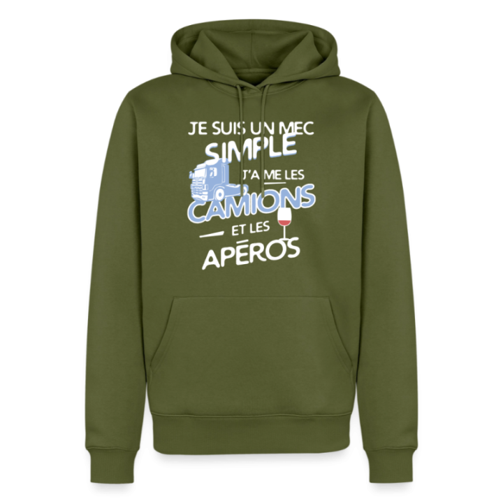 Sweat-shirt à capuche premium homme - Un mec simple: Camions et apéros - kaki - front