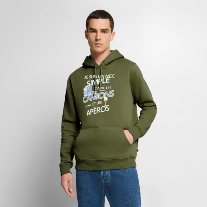 Sweat-shirt à capuche premium homme - Un mec simple: Camions et apéros - kaki - front