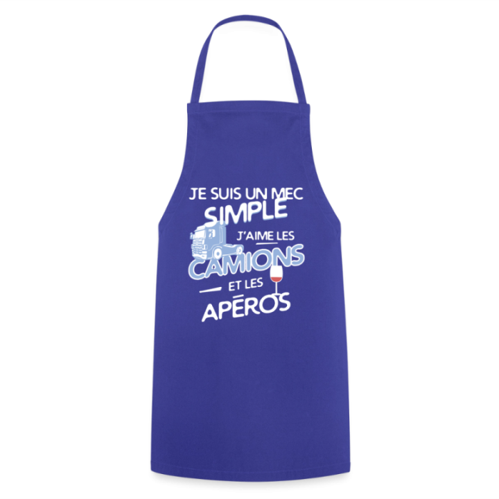 Tablier de cuisine - Un mec simple: Camions et apéros - bleu royal - front