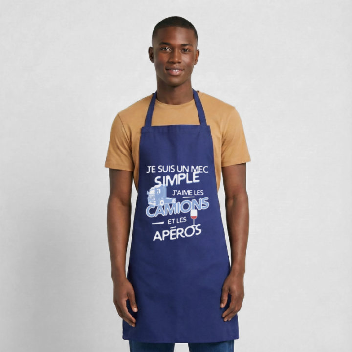 Tablier de cuisine - Un mec simple: Camions et apéros - bleu royal - front